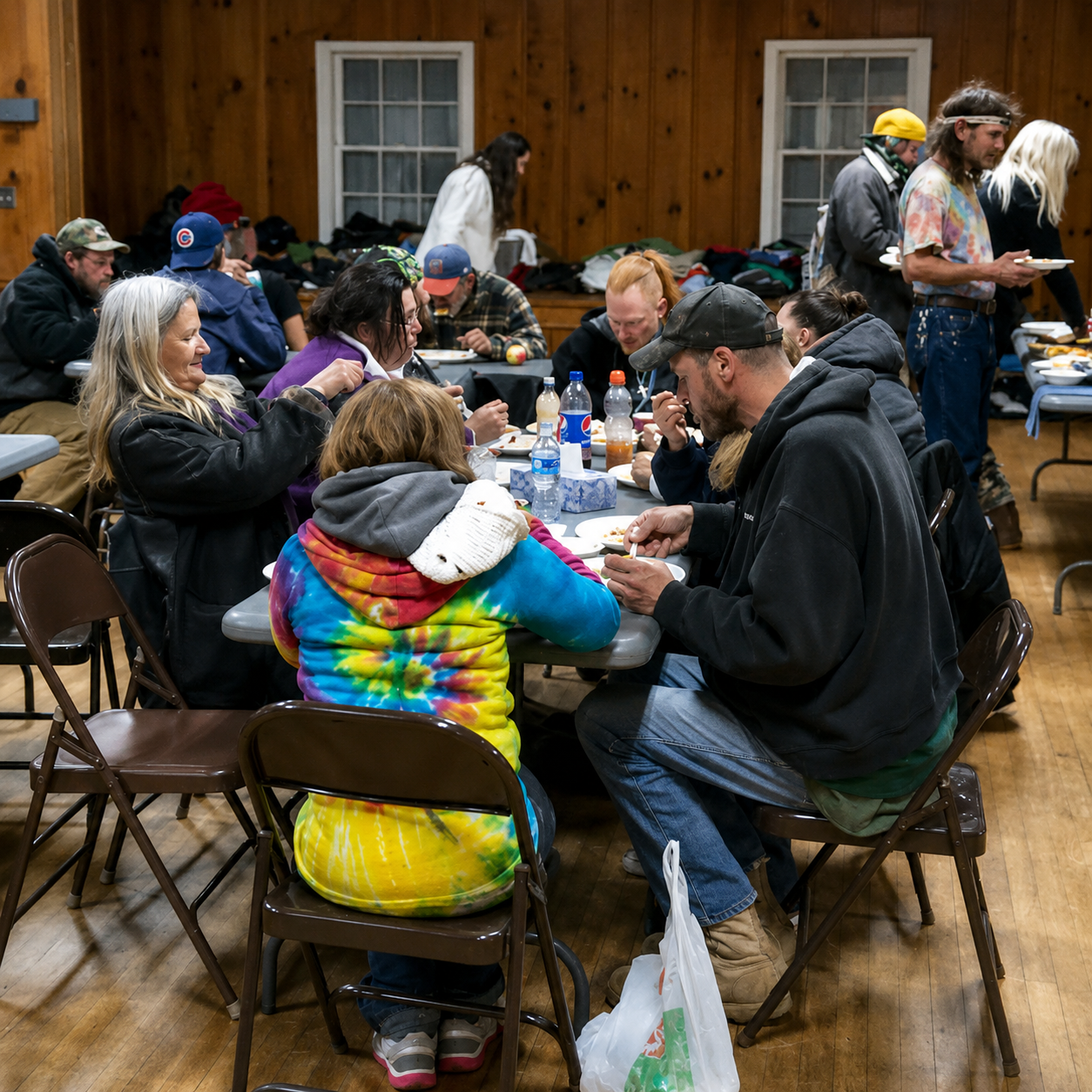 Guests sharing a meal at the Sierra Roots Emergency Weather Shelter.